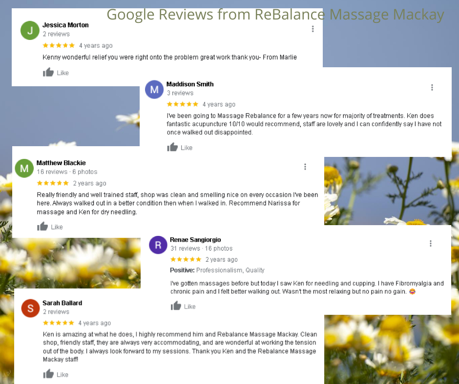 google reviews from rebalance massage mackay, 2087 caneland central, mackay. 2012-2022